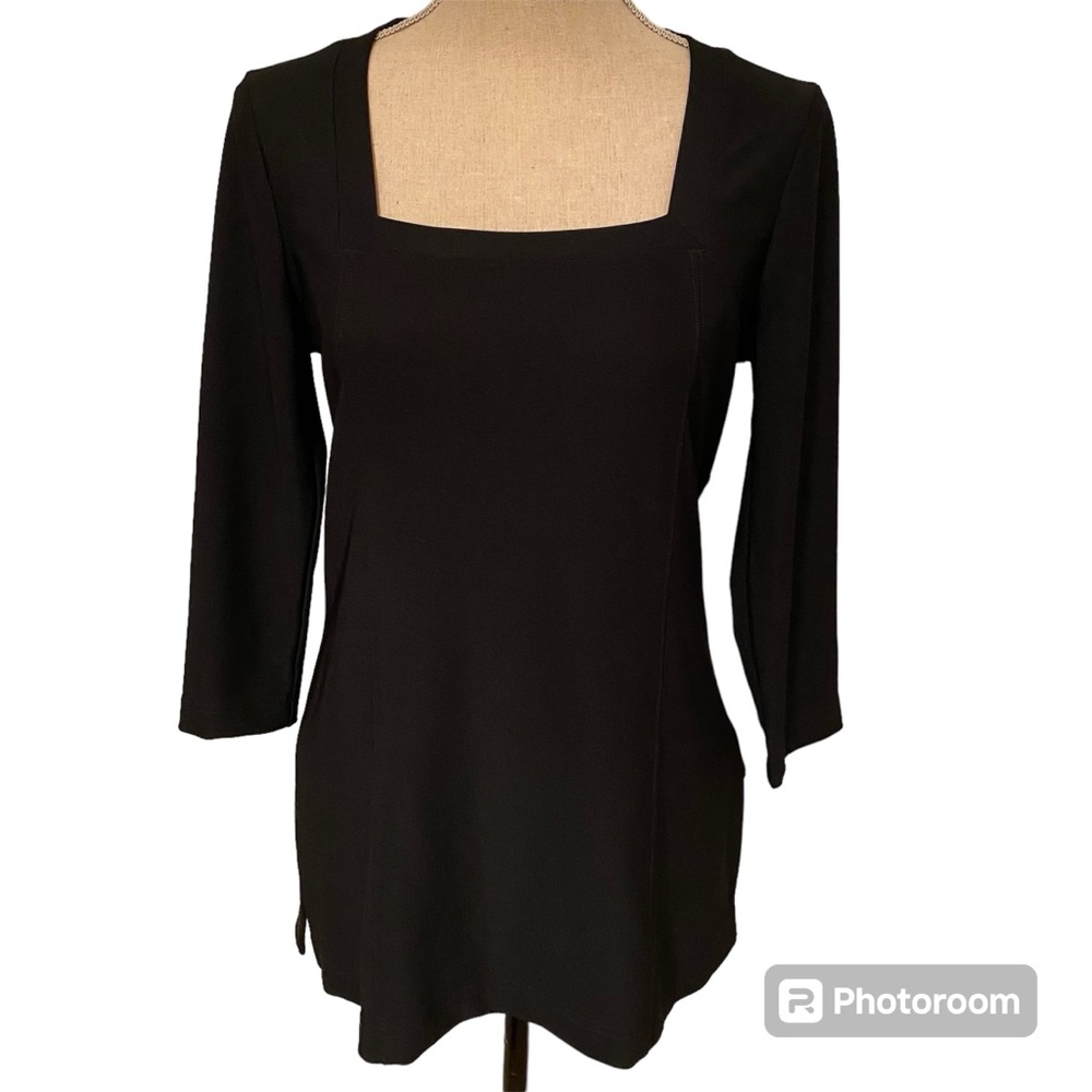 BOSTON PROPER TOP TEE TUNIC BLACK SQUARE NECK 3/4 SLEEVE STRETCH Size S
